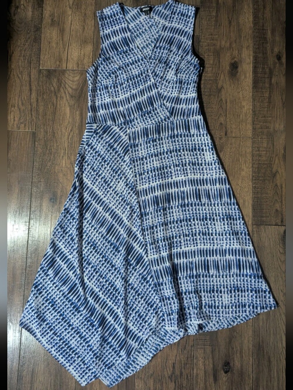 DKNY Blue & White Watercolor Block Print Asymmetrical Maxi Dress Size 10 Flowy